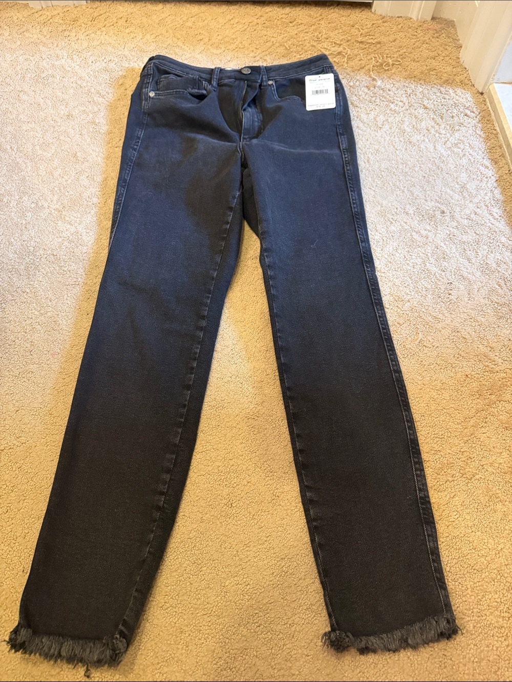 Free People Straight-Leg Jeans in Dark Indigo with Frayed Hem